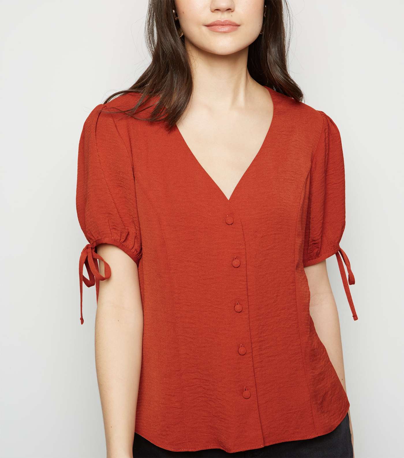 Rust Button Up Puff Sleeve Blouse