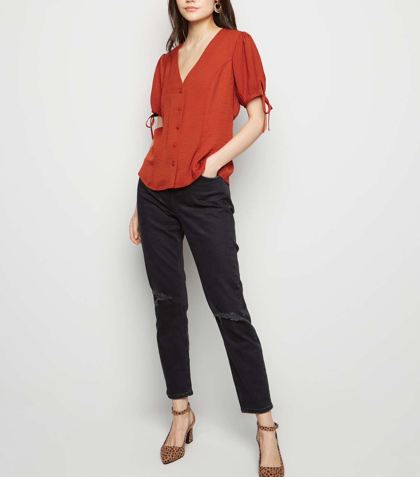 Rust Button Up Puff Sleeve Blouse Image 3
