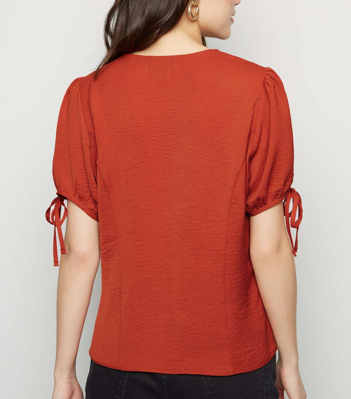 Rust Button Up Puff Sleeve Blouse Image 5