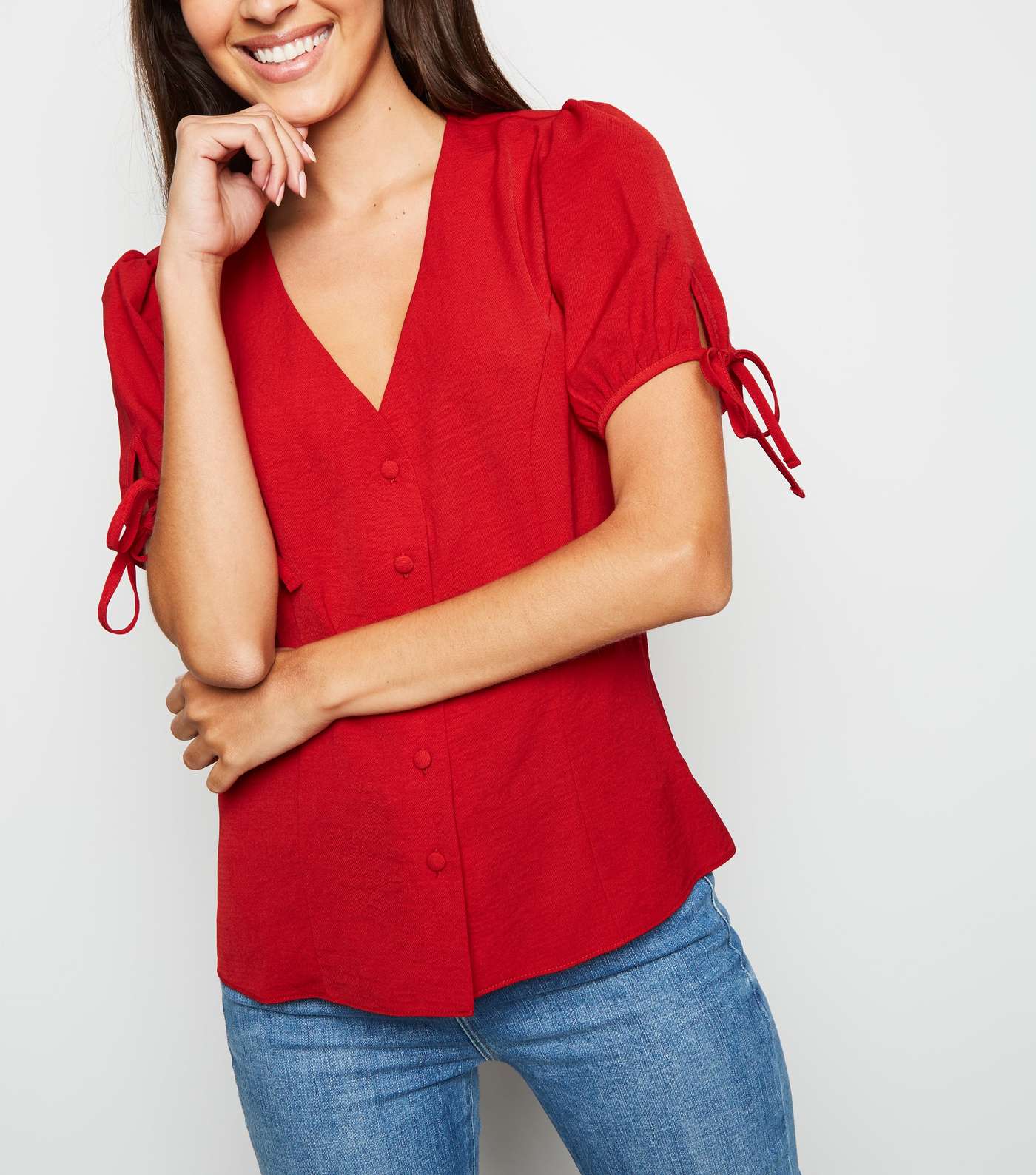 Red Button Up Puff Sleeve Blouse