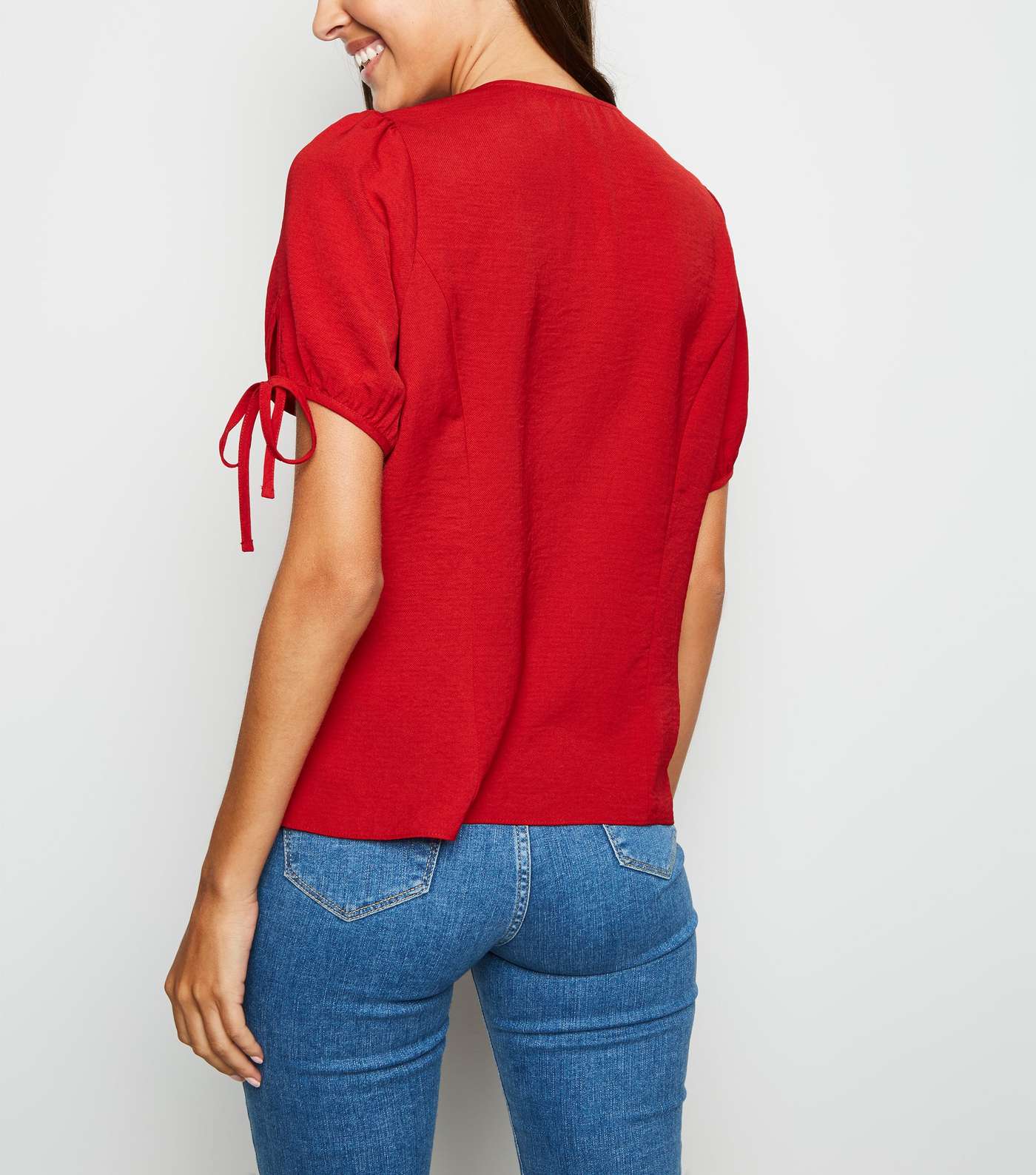 Red Button Up Puff Sleeve Blouse Image 3