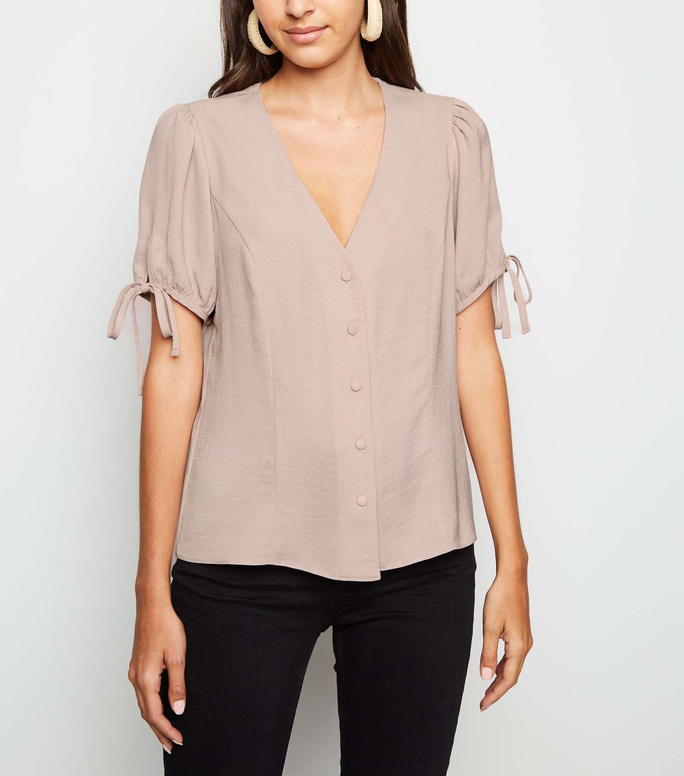 Pale Pink Button Up Puff Sleeve Blouse