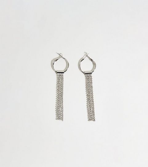 Earrings Stud Cross Long Tassel New Look Re Born Silver Diamanté Cupchain Drop Hoop Earrings