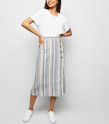 Petite Pink Stripe Linen Look Button Side Midi Skirt | New Look