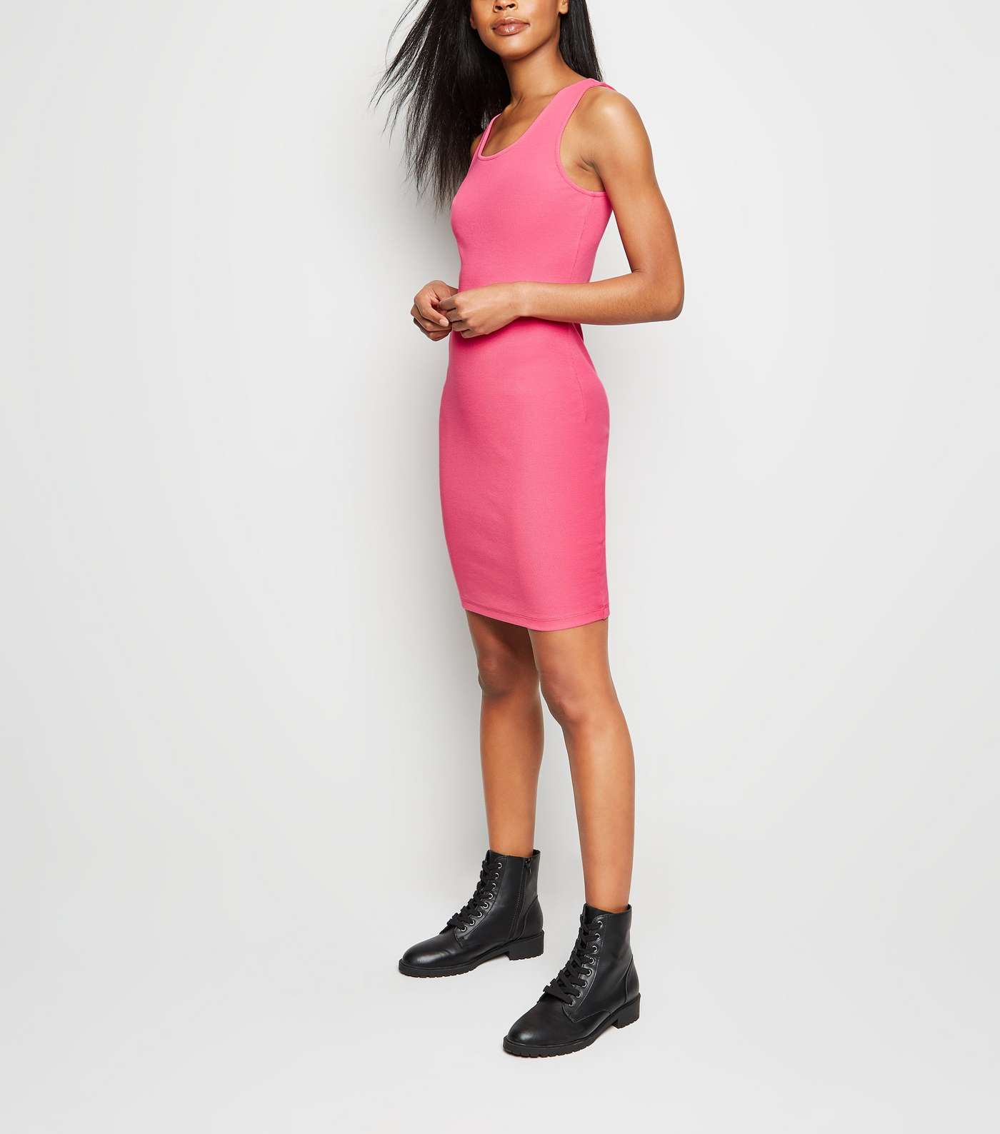 Bright Pink Neon Ribbed Bodycon Dress  Image 2