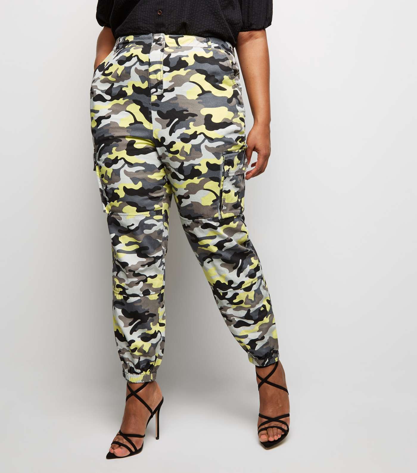 Curves Grey Neon Camo Cuffed Utility Trousers Image 2