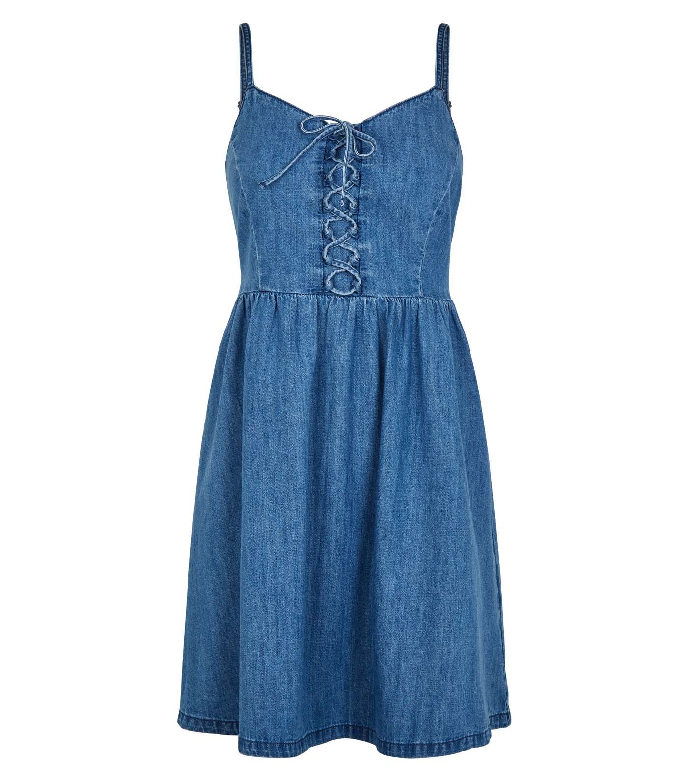 Petite Pale Blue Lattice Front Denim Mini Dress Image 4