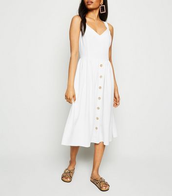 white linen midi dress with buttons