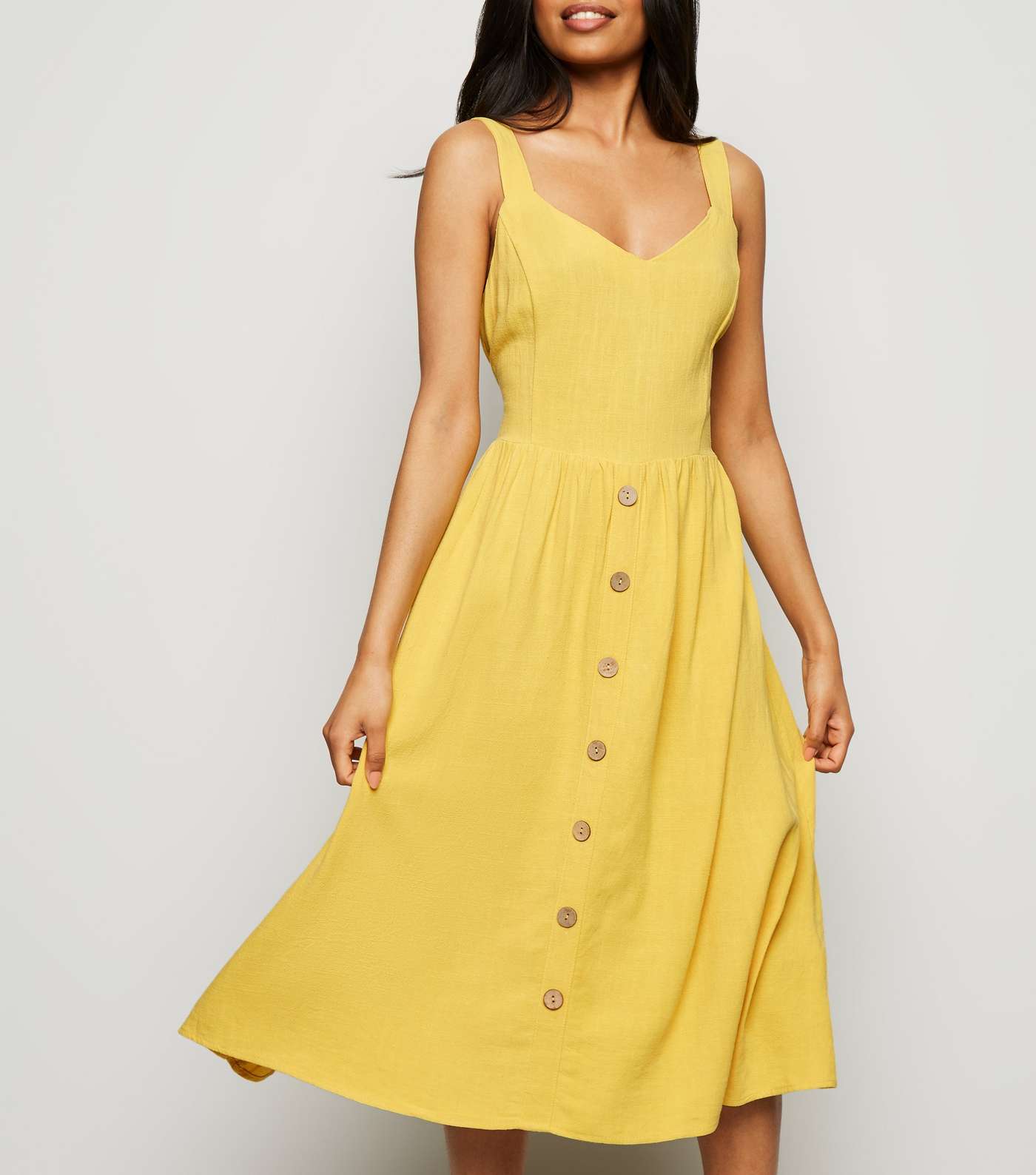 Petite Yellow Linen Look Button Front Midi Dress
