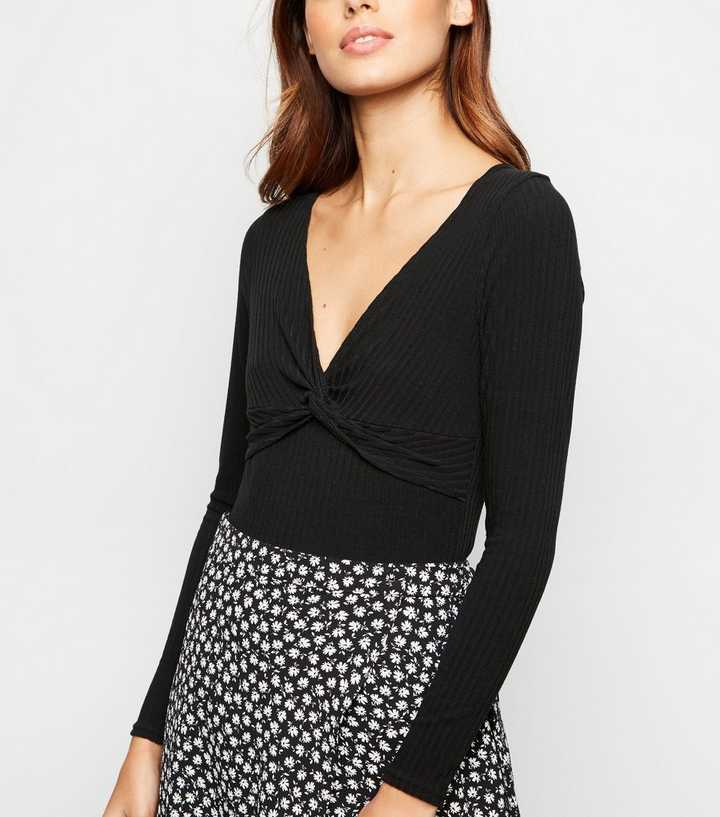 Black Twist Front Long Sleeve Bodysuit 