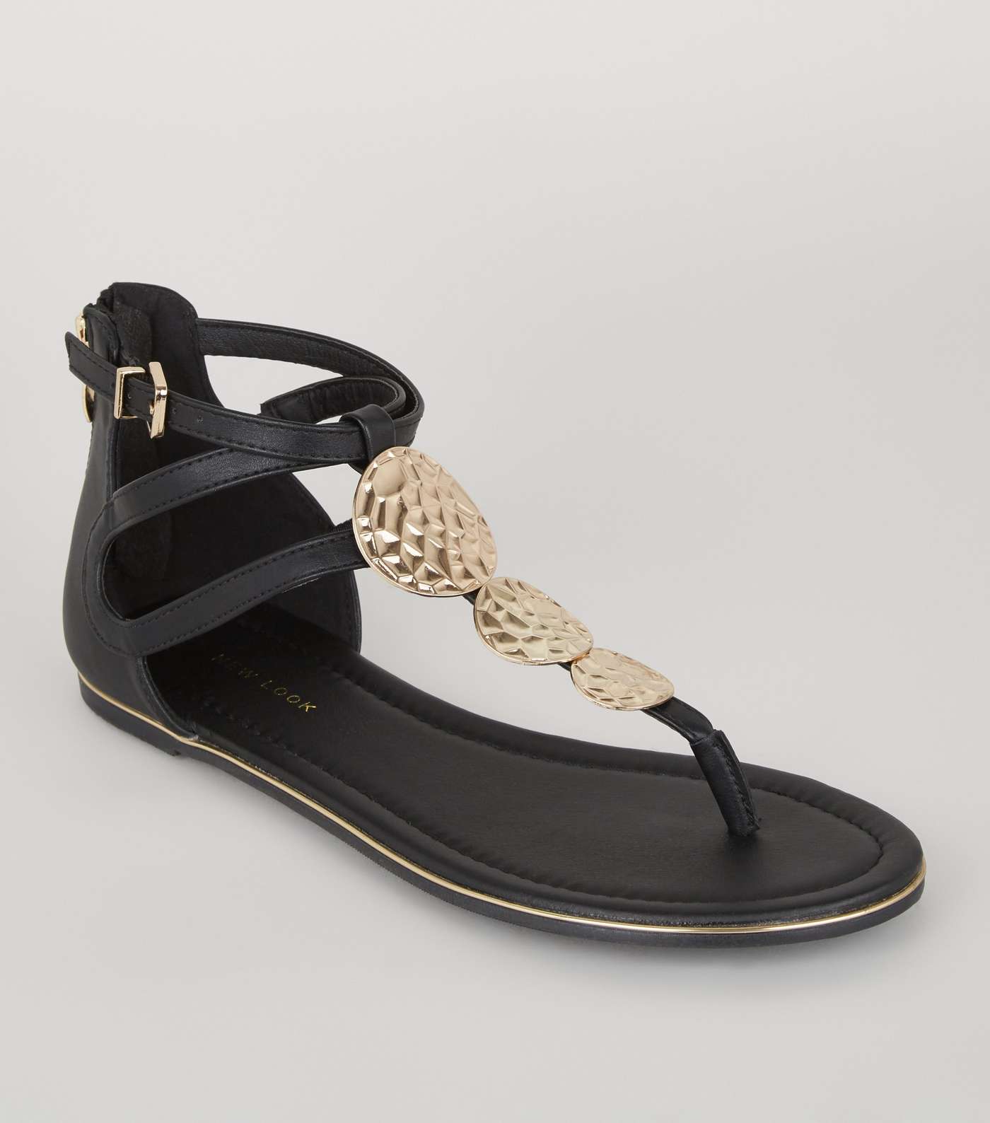 Black Leather-Look Hammered Metal Sandals 