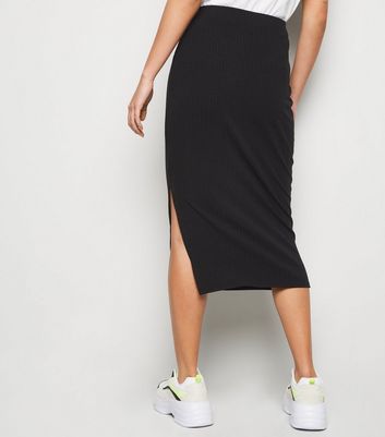 Black Ribbed Midi Pencil Skirt New Look