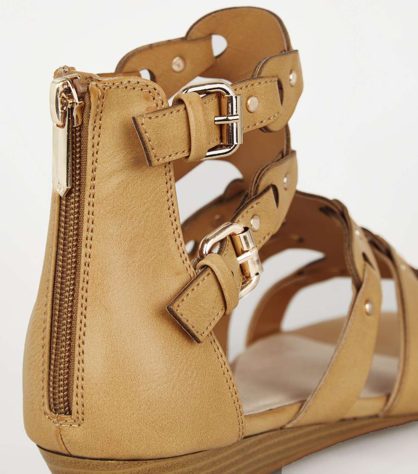 Tan Leather-Look Studded Gladiator Sandals Image 3