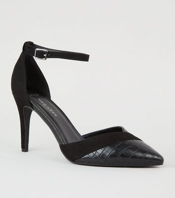 Wide Fit Black Mixed Faux Croc Pointed 