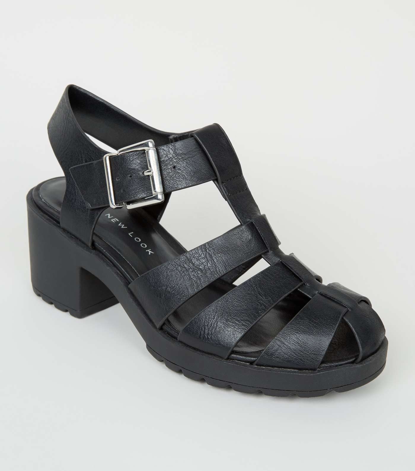 Girls Black Leather-Look Chunky Caged Sandals