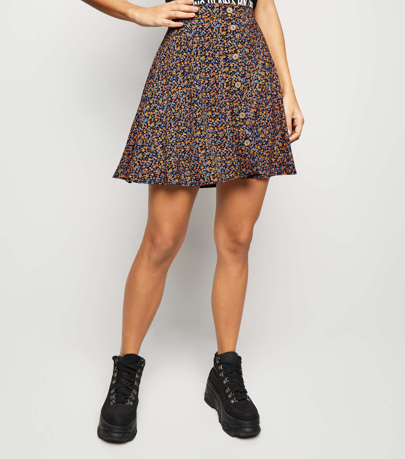 Black Ditsy Floral Button Up Mini Skirt Image 2