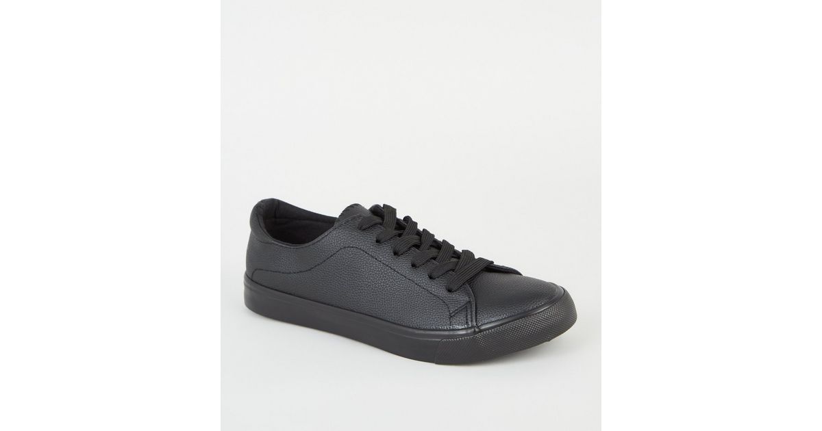 Black Leather-Look Lace Up Trainers | New Look