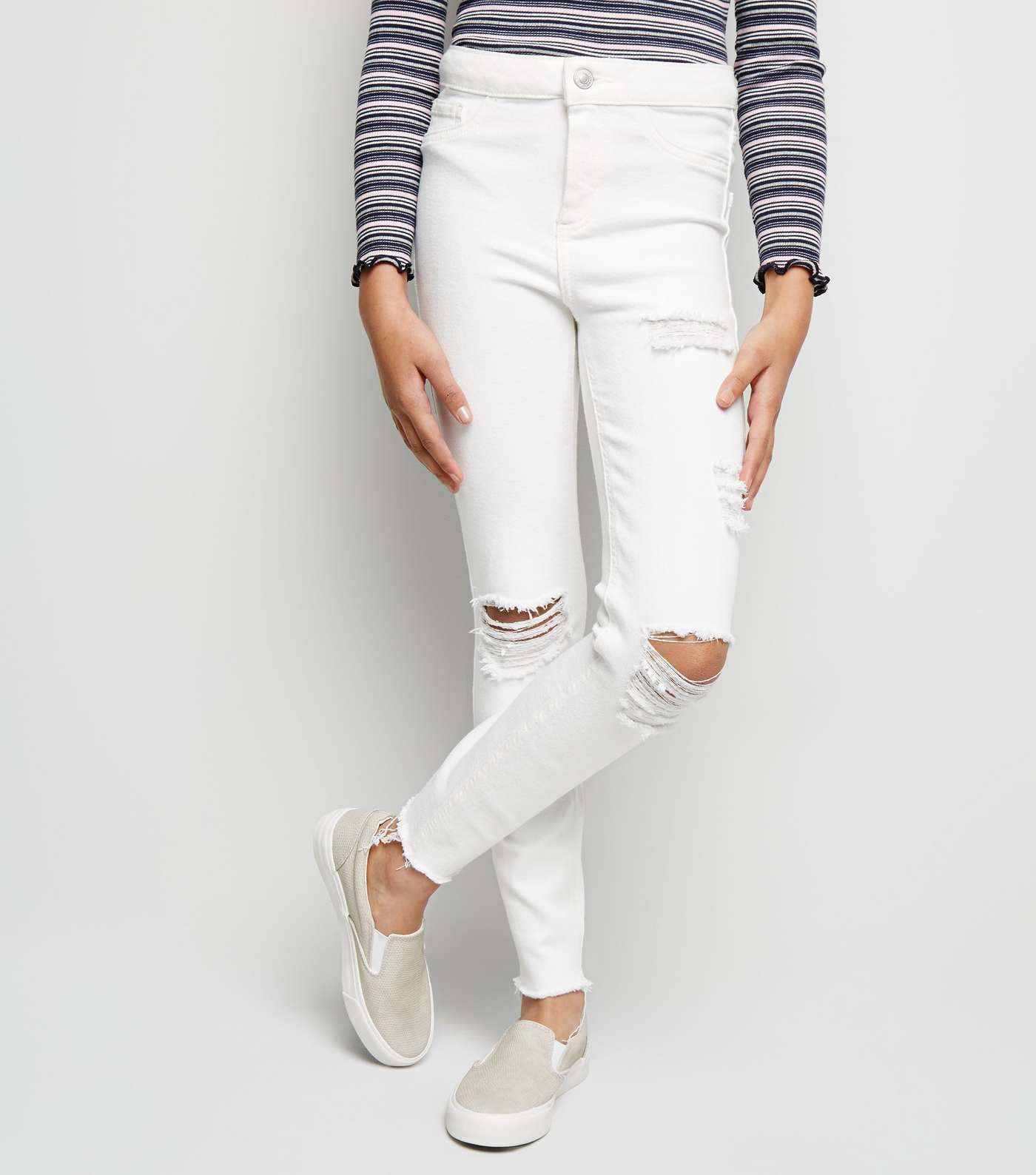 Girls White Ripped High Waist Skinny Jeans Image 2