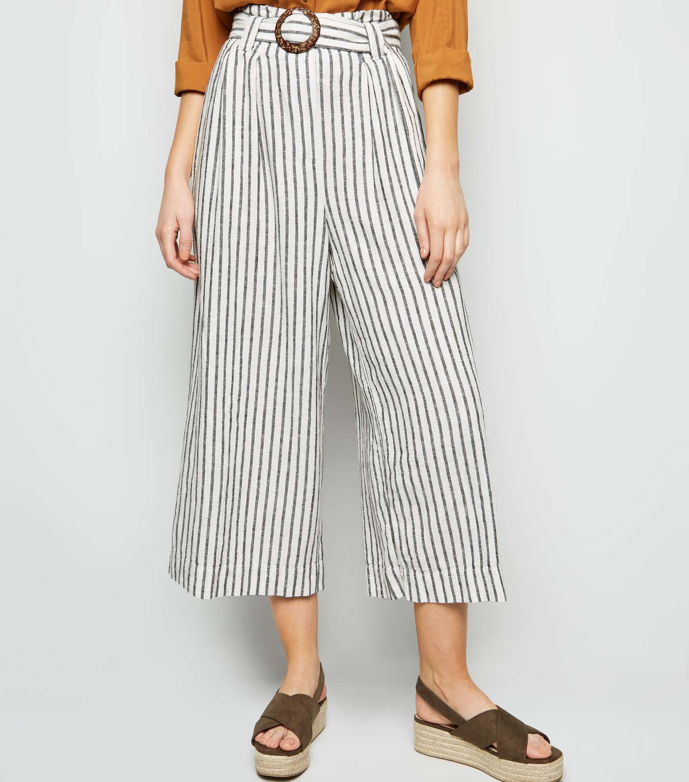 Off White Stripe Linen Blend Crop Trousers Image 2