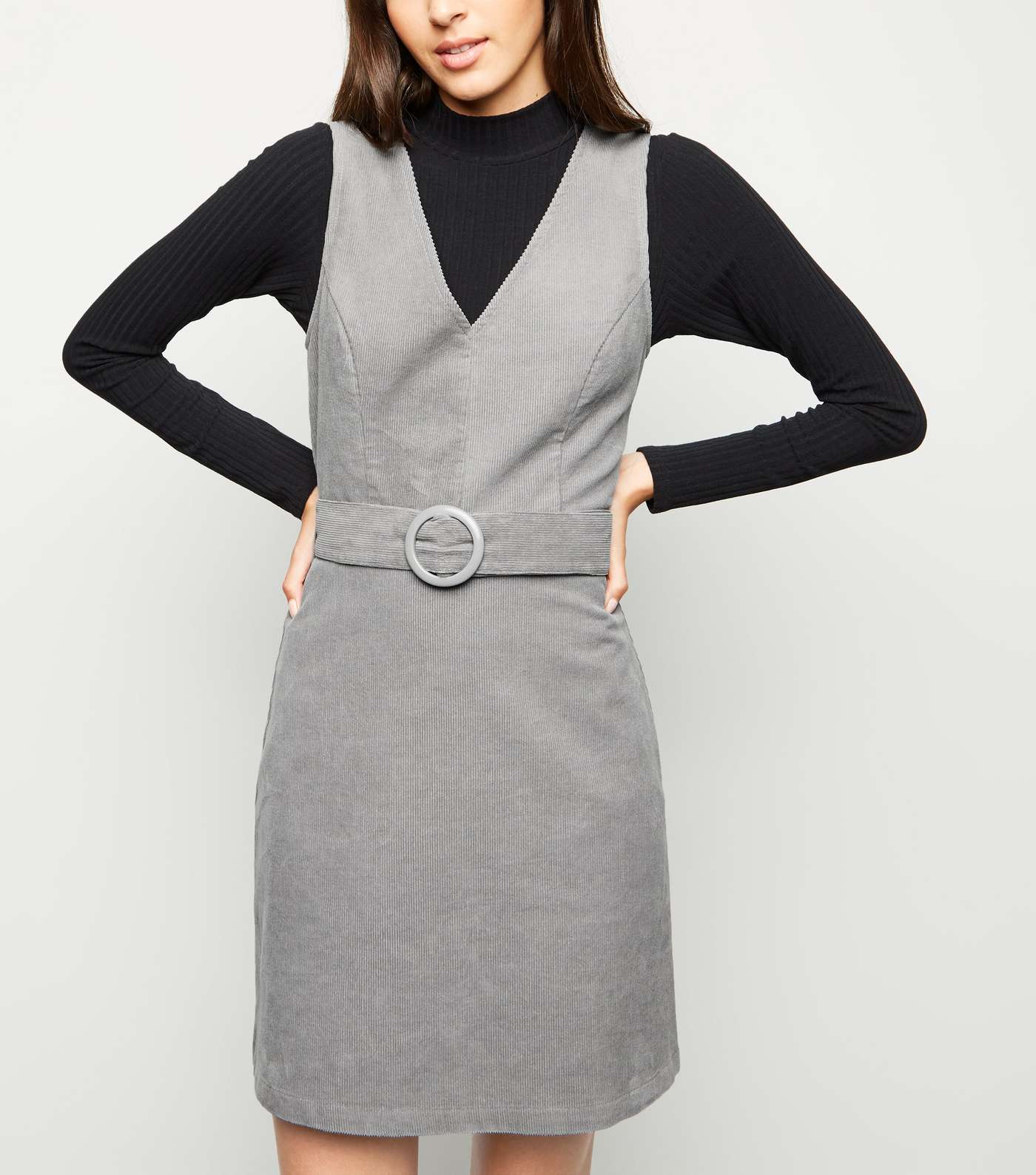 Grey Corduroy Belted Pinafore Dress