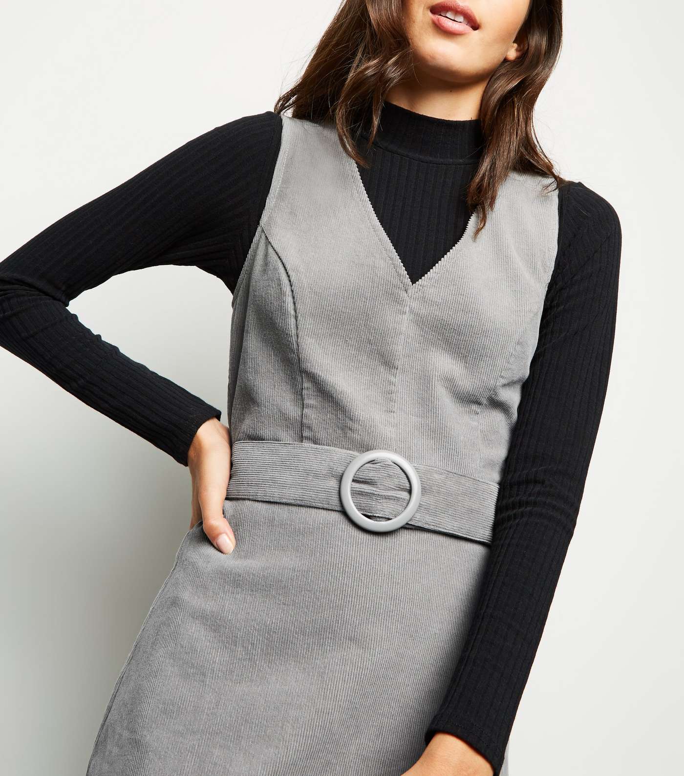 Grey Corduroy Belted Pinafore Dress Image 5