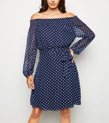 navy polka dot bardot dress