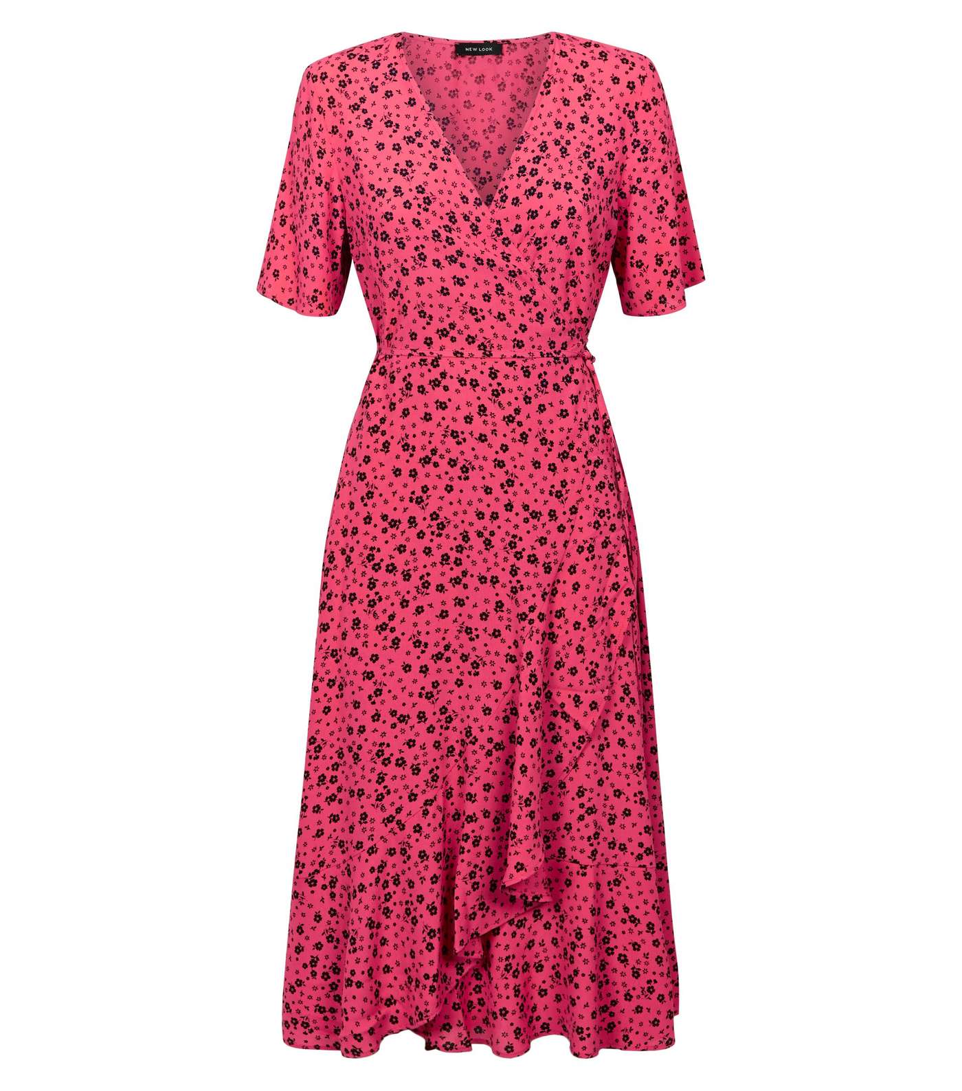 Pink Floral Frill Trim Wrap Midi Dress Image 4
