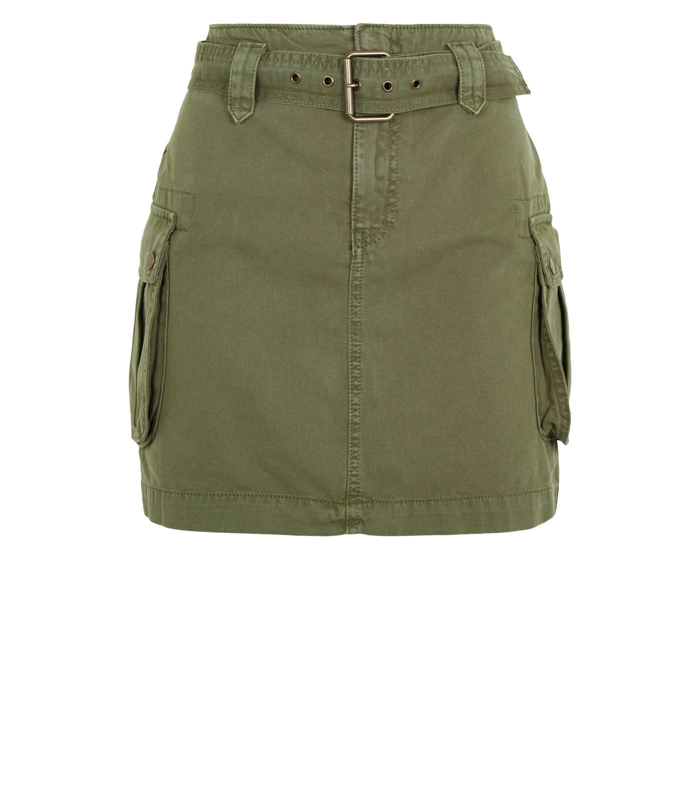 Khaki Utility Pocket Belted Denim Skirt Image 4
