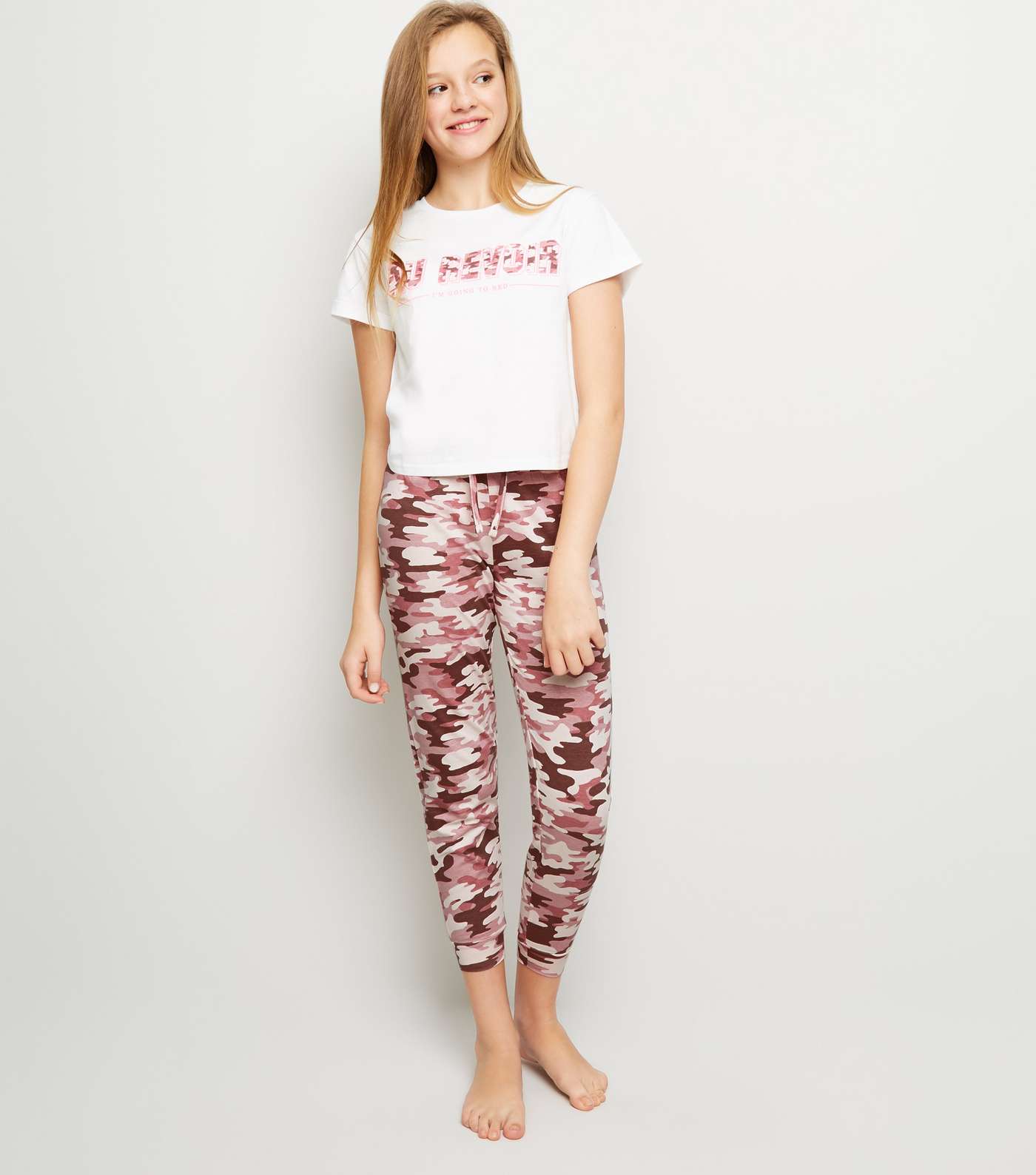 Girls Pink Camo Au Revoir Slogan Pyjama Set