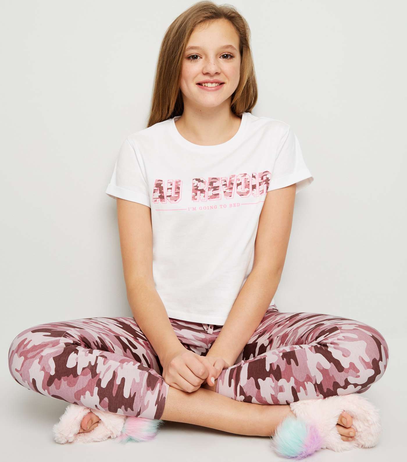 Girls Pink Camo Au Revoir Slogan Pyjama Set Image 5