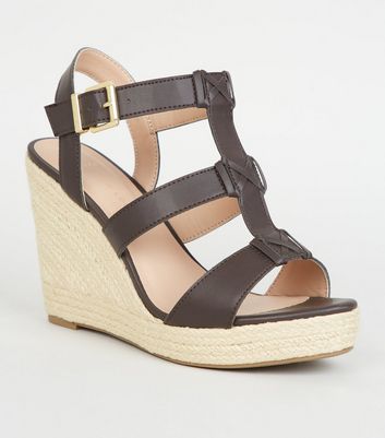 Wide Fit Brown Strappy Espadrille Wedge 