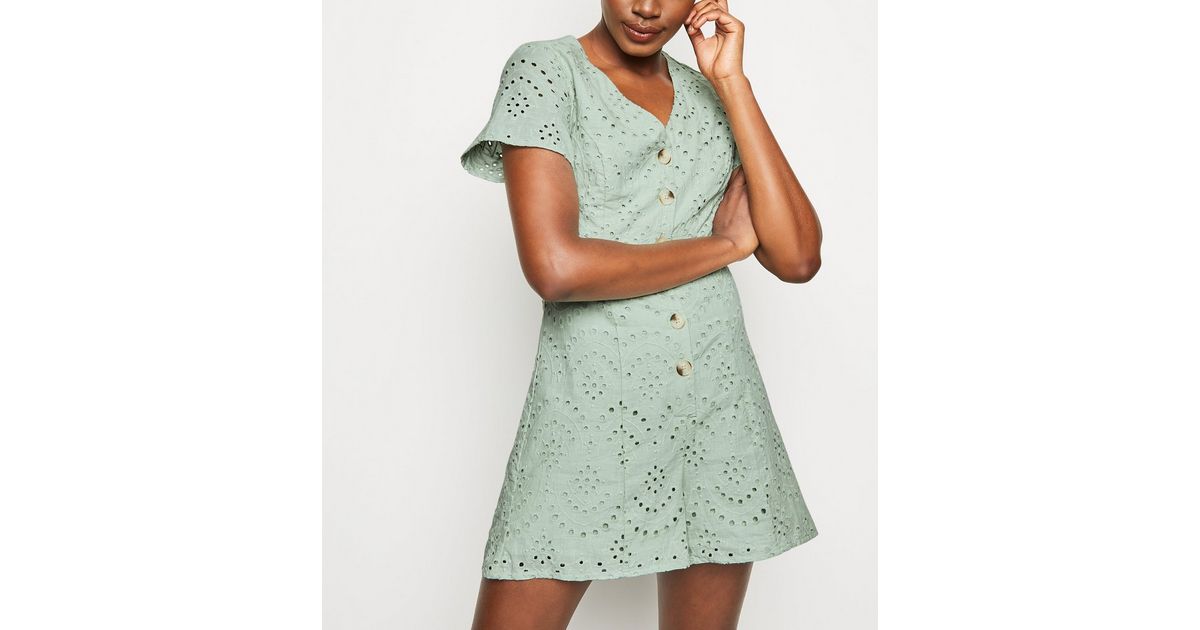 Mint Green Button Up Broderie Playsuit New Look