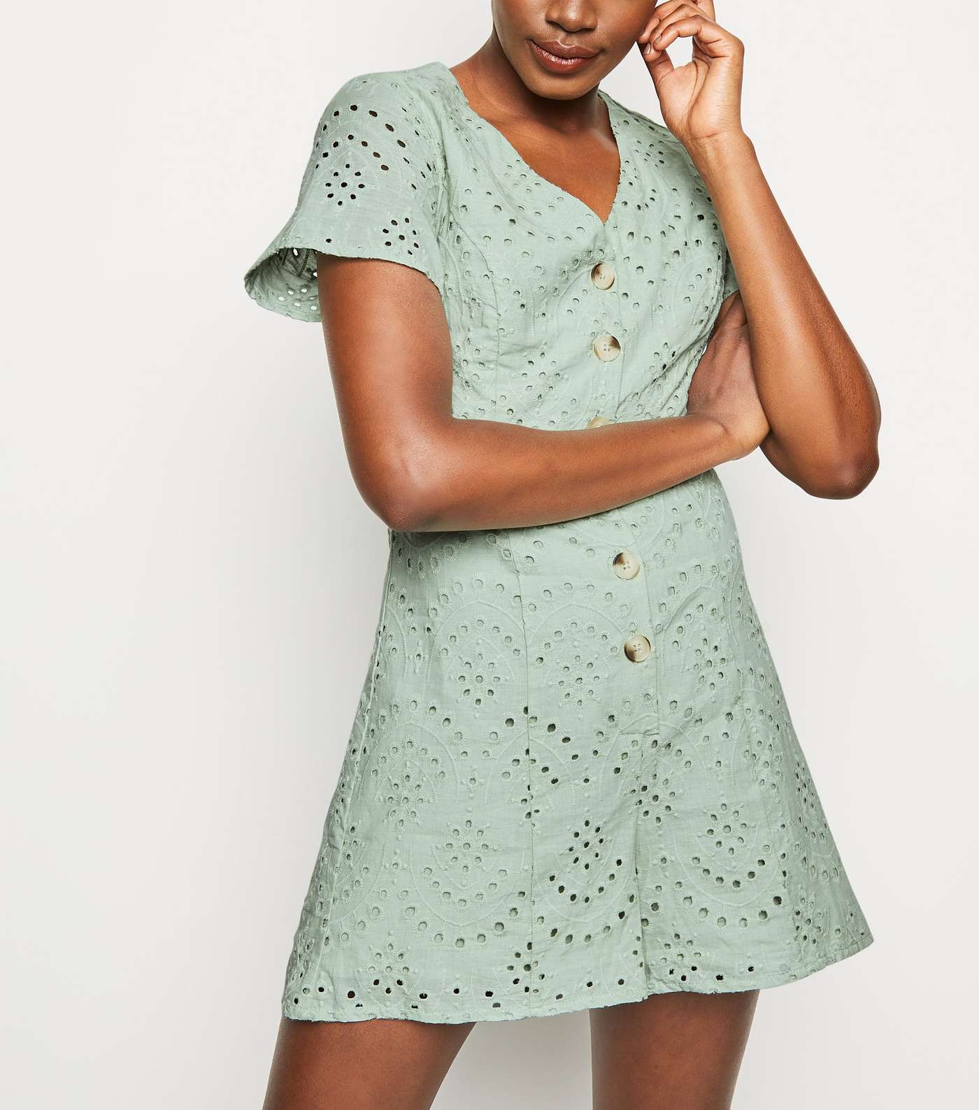 Mint Green Button Up Broderie Playsuit