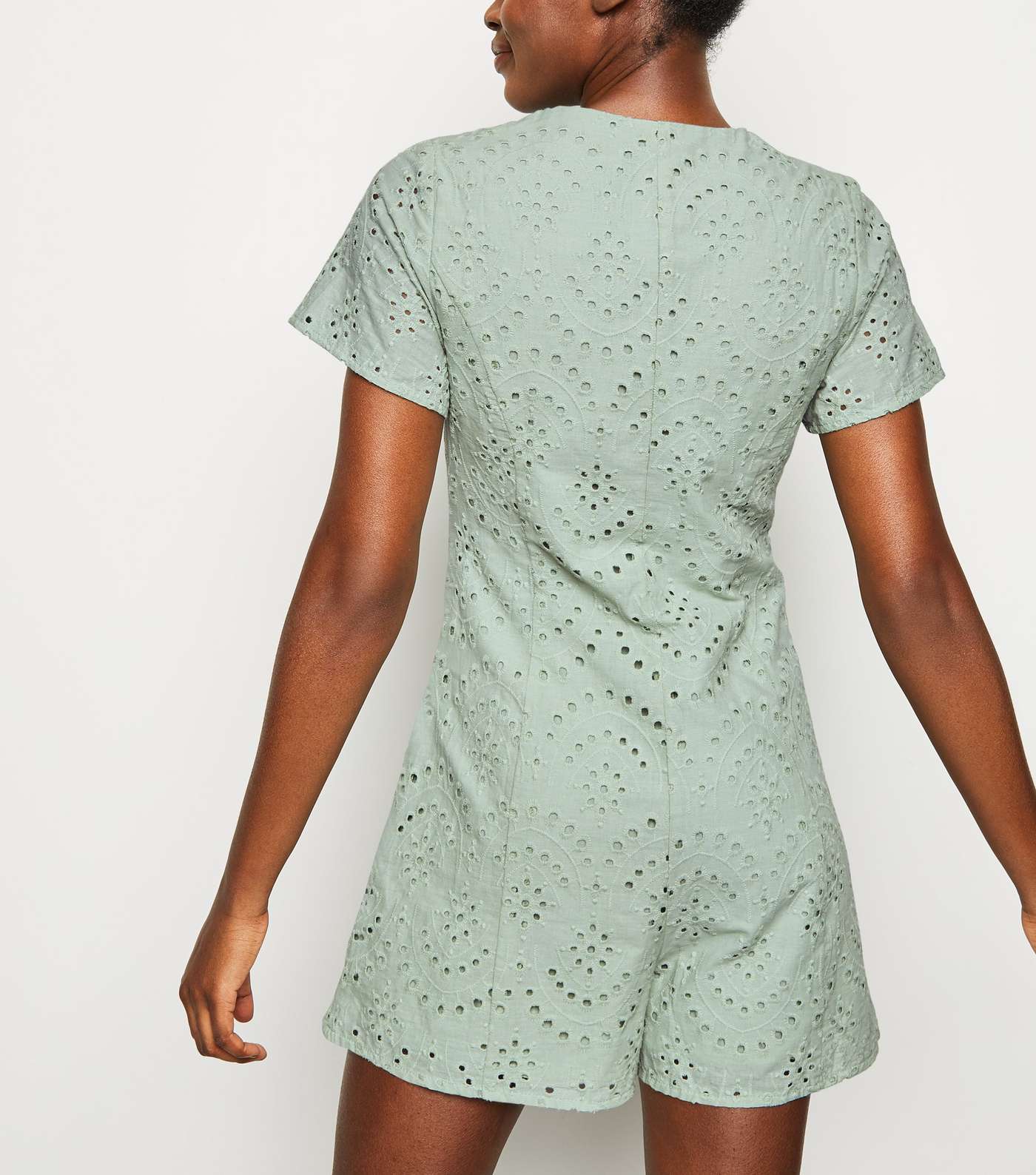 Mint Green Button Up Broderie Playsuit Image 3