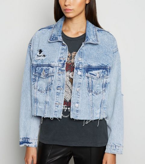 Blue Acid Wash Fray Hem Denim Jacket