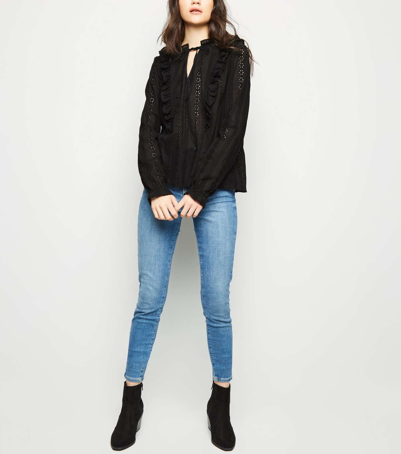 Black Cut Out Embroidered Long Sleeve Blouse  Image 2
