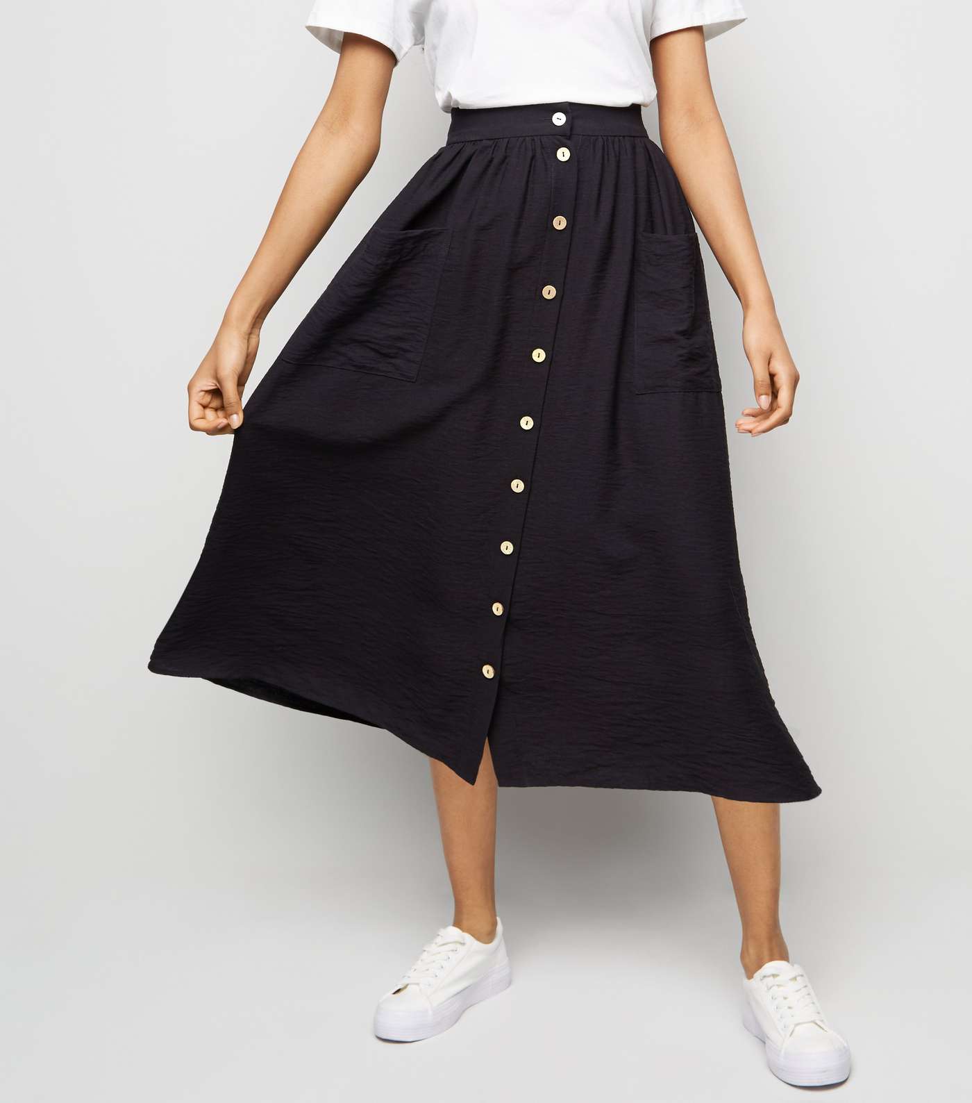 Petite Black Twill Button Front Midi Skirt Image 2