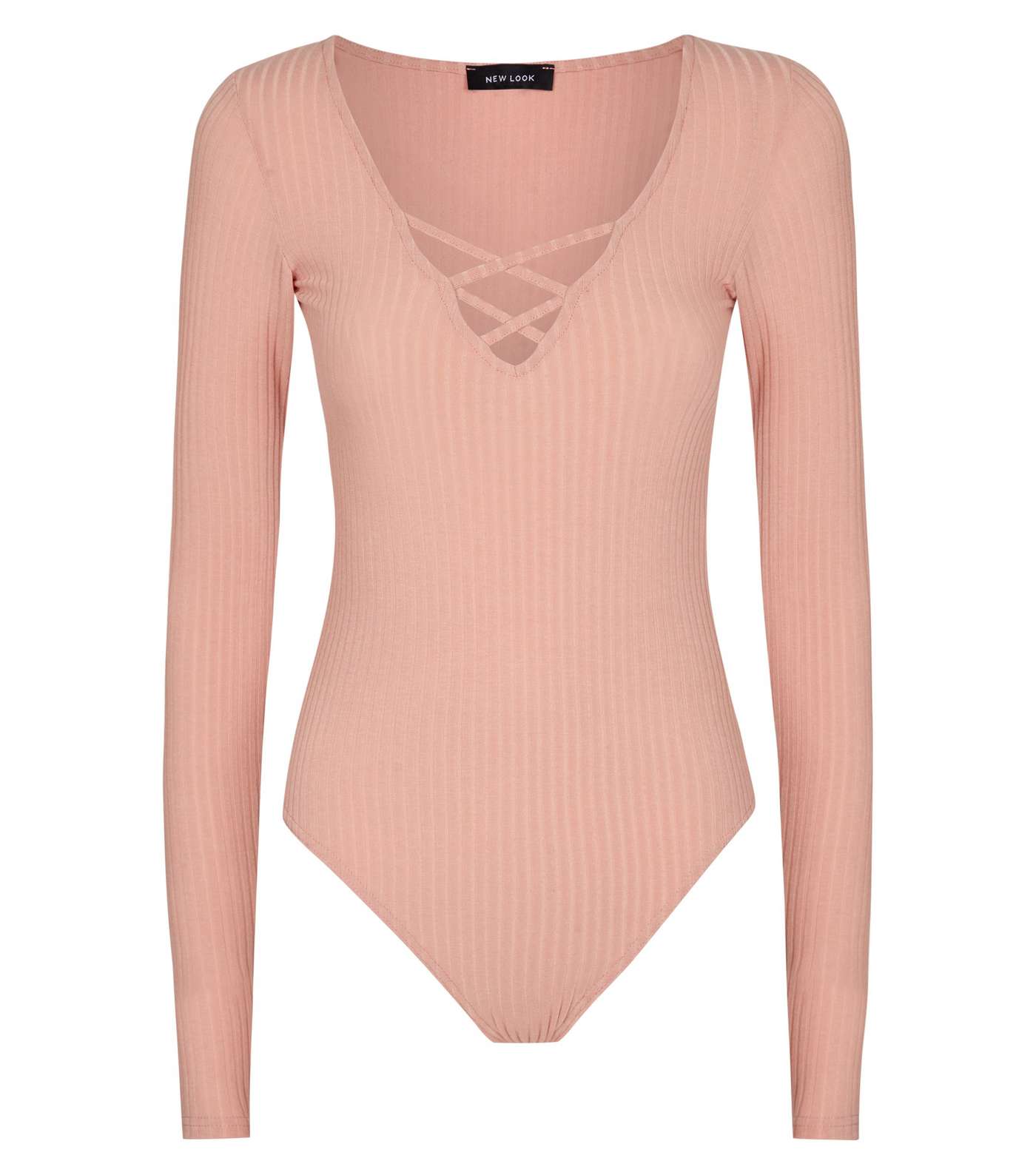 Pink Ribbed Lattice Front Bodysuit Image 4