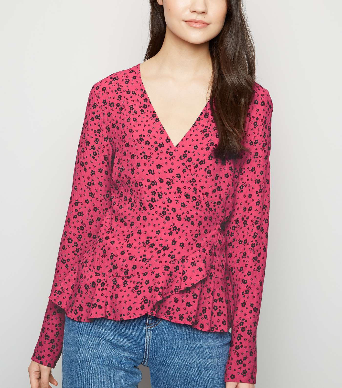 Pink Floral Long Sleeve Frill Wrap Top