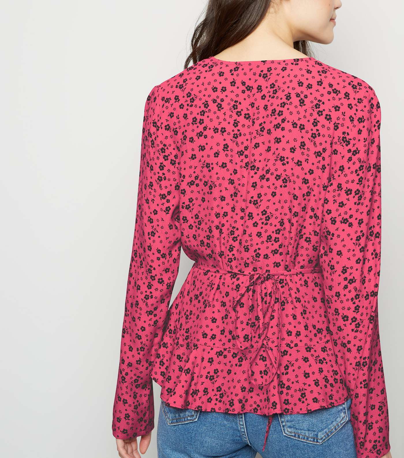 Pink Floral Long Sleeve Frill Wrap Top Image 3