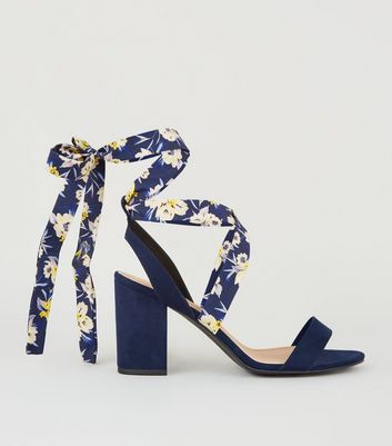 Wide Fit Blue Floral Ankle Tie Block 