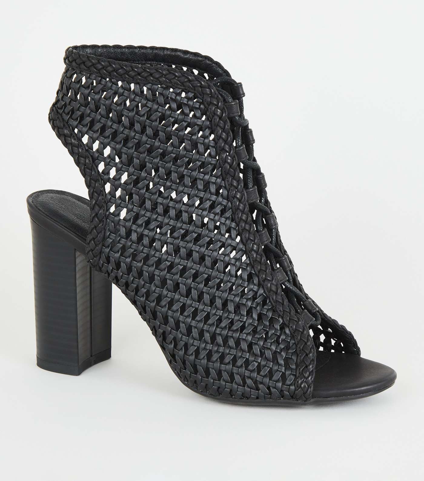 Black Woven Leather-Look Block Heels