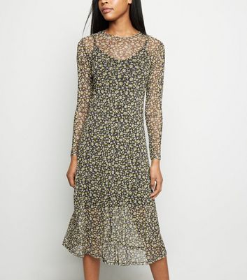 new look mesh midi dress in ditsy floral print