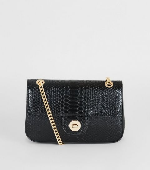 Black Faux Croc Chain Shoulder Bag