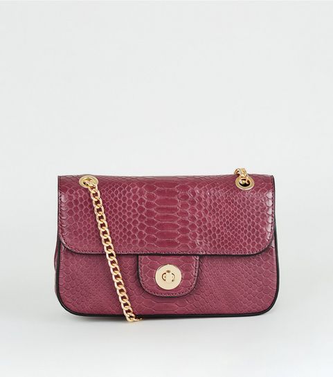 Burgundy Faux Croc Chain Shoulder Bag