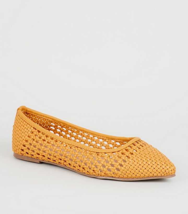 Mustard Woven Pointed Ballet Pumps
