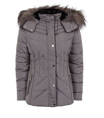 pale grey faux fur trim hooded puffer jacket