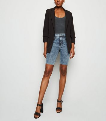 Bright Blue Acid Wash Denim Knee Shorts 