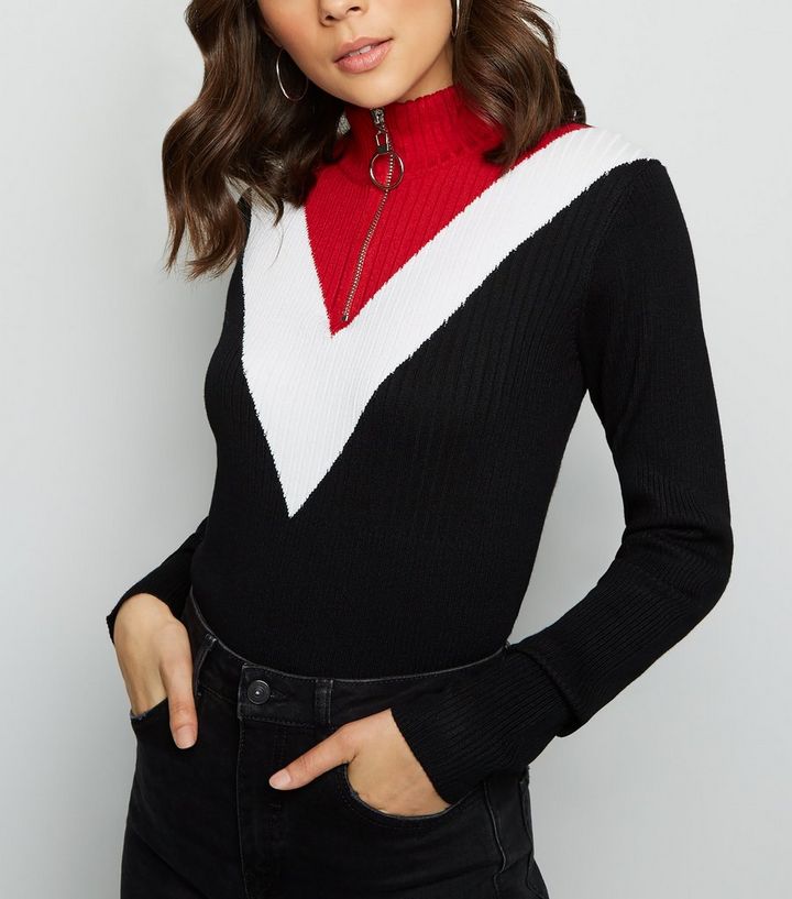 New Look: Cameo Rose Black Chevron Ribbed Zip Neck Jumper