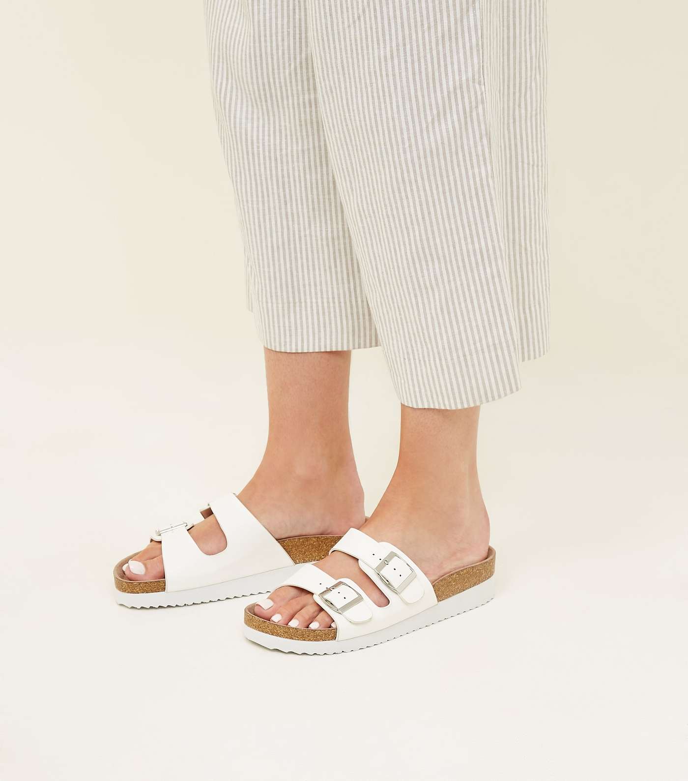Wide Fit White Leather-Look Footbed Sliders Image 2